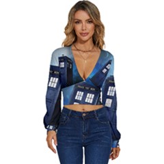 Tardis Doctor Who Space Blue Long Sleeve Deep-v Velour Top by Cendanart