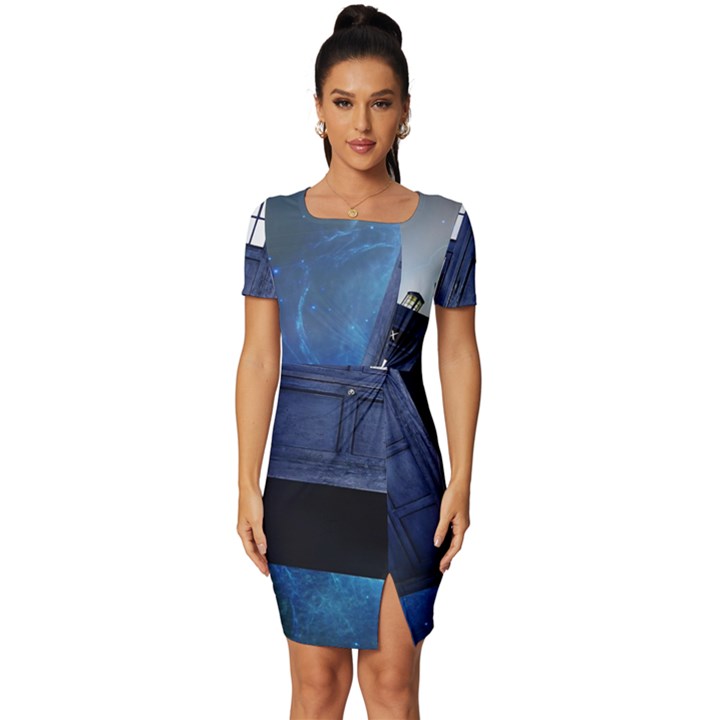 Tardis Doctor Who Space Blue Fitted Knot Split End Bodycon Dress