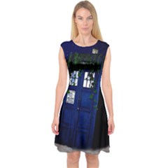 Stuck Tardis Beach Doctor Who Police Box Sci-fi Capsleeve Midi Dress by Cendanart