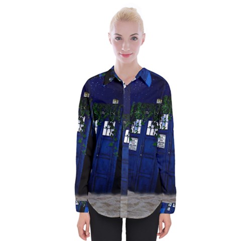 Stuck Tardis Beach Doctor Who Police Box Sci-fi Womens Long Sleeve Shirt by Cendanart