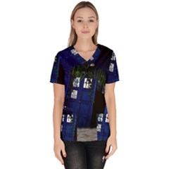 Stuck Tardis Beach Doctor Who Police Box Sci-fi Women s V-neck Scrub Top by Cendanart