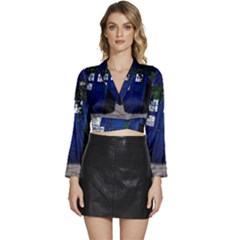 Stuck Tardis Beach Doctor Who Police Box Sci-fi Long Sleeve Tie Back Satin Wrap Top by Cendanart