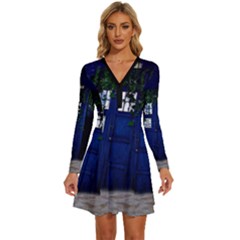 Stuck Tardis Beach Doctor Who Police Box Sci-fi Long Sleeve Deep V Mini Dress  by Cendanart