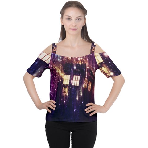 Tardis Regeneration Art Doctor Who Paint Purple Sci Fi Space Star Time Machine Cutout Shoulder T-shirt by Cendanart