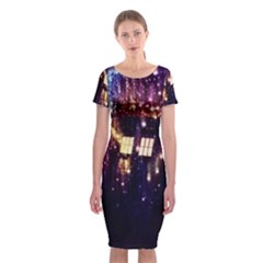 Tardis Regeneration Art Doctor Who Paint Purple Sci Fi Space Star Time Machine Classic Short Sleeve Midi Dress by Cendanart