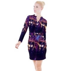 Tardis Regeneration Art Doctor Who Paint Purple Sci Fi Space Star Time Machine Button Long Sleeve Dress by Cendanart