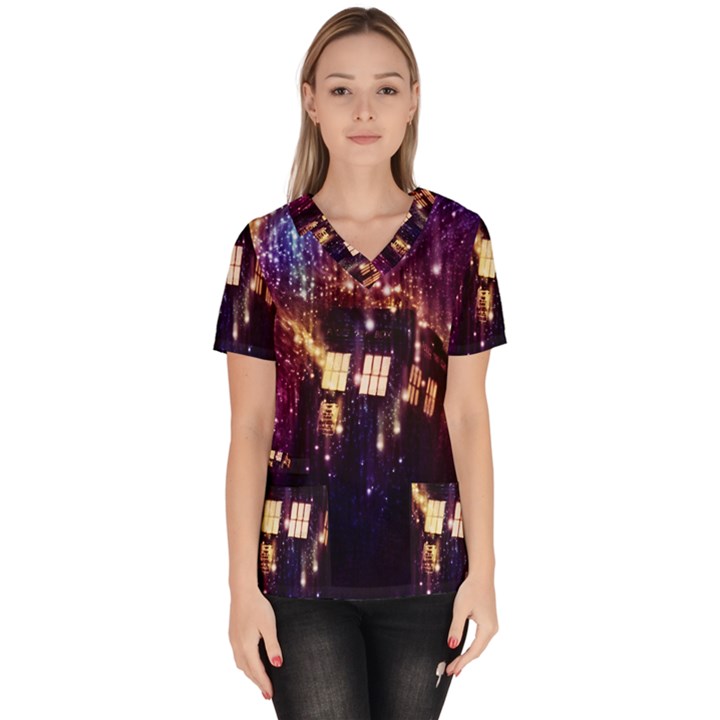 Tardis Regeneration Art Doctor Who Paint Purple Sci Fi Space Star Time Machine Women s V-Neck Scrub Top