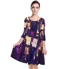 Tardis Regeneration Art Doctor Who Paint Purple Sci Fi Space Star Time Machine Quarter Sleeve Waist Band Dress by Cendanart