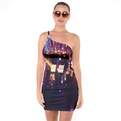 Tardis Regeneration Art Doctor Who Paint Purple Sci Fi Space Star Time Machine One Shoulder Ring Trim Bodycon Dress by Cendanart