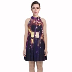 Tardis Regeneration Art Doctor Who Paint Purple Sci Fi Space Star Time Machine Velvet Halter Neckline Dress  by Cendanart