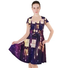 Tardis Regeneration Art Doctor Who Paint Purple Sci Fi Space Star Time Machine Cap Sleeve Midi Dress by Cendanart