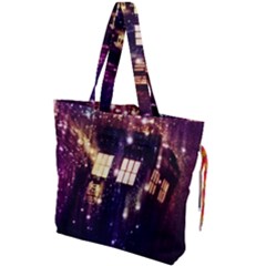 Tardis Regeneration Art Doctor Who Paint Purple Sci Fi Space Star Time Machine Drawstring Tote Bag by Cendanart