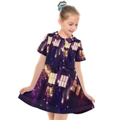 Tardis Regeneration Art Doctor Who Paint Purple Sci Fi Space Star Time Machine Kids  Short Sleeve Shirt Dress by Cendanart