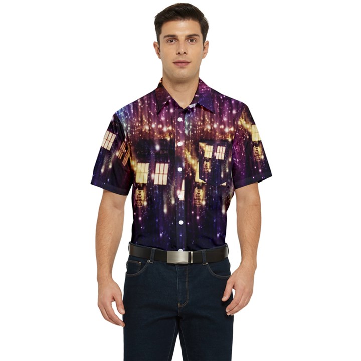 Tardis Regeneration Art Doctor Who Paint Purple Sci Fi Space Star Time Machine Men s Short Sleeve Pocket Shirt 