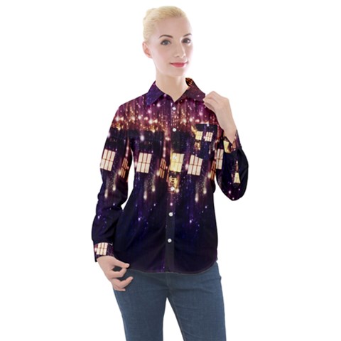 Tardis Regeneration Art Doctor Who Paint Purple Sci Fi Space Star Time Machine Women s Long Sleeve Pocket Shirt by Cendanart