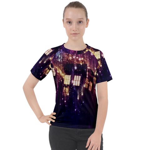 Tardis Regeneration Art Doctor Who Paint Purple Sci Fi Space Star Time Machine Women s Sport Raglan T-shirt by Cendanart