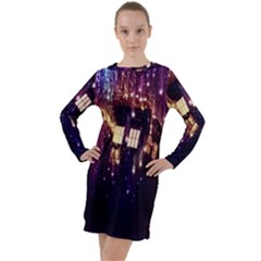 Tardis Regeneration Art Doctor Who Paint Purple Sci Fi Space Star Time Machine Long Sleeve Hoodie Dress by Cendanart