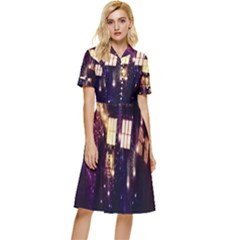 Tardis Regeneration Art Doctor Who Paint Purple Sci Fi Space Star Time Machine Button Top Knee Length Dress by Cendanart