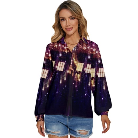 Tardis Regeneration Art Doctor Who Paint Purple Sci Fi Space Star Time Machine Women s Long Sleeve Button Up Shirt by Cendanart