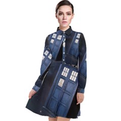 Tardis Doctor Who Planet Long Sleeve Chiffon Shirt Dress by Cendanart