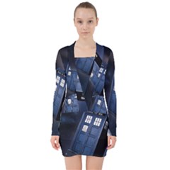 Tardis Doctor Who Planet V-neck Bodycon Long Sleeve Dress by Cendanart