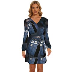 Tardis Doctor Who Planet Long Sleeve Waist Tie Ruffle Velvet Dress by Cendanart