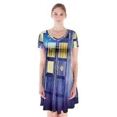 Tardis Wilderness Doctor Who Short Sleeve V-neck Flare Dress by Cendanart