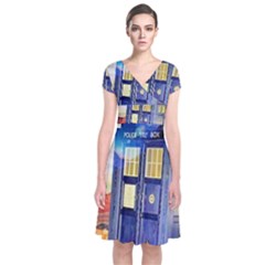 Tardis Wilderness Doctor Who Short Sleeve Front Wrap Dress by Cendanart