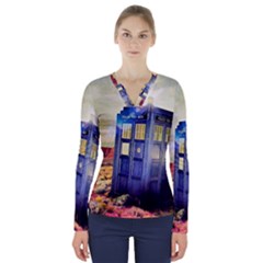 Tardis Wilderness Doctor Who V-neck Long Sleeve Top by Cendanart