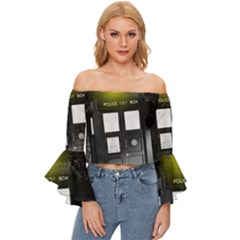 Doctor Who Space Tardis Off Shoulder Flutter Bell Sleeve Top by Cendanart