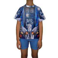 Doctor Who Adventure Bad Wolf Tardis Kids  Short Sleeve Swimwear by Cendanart