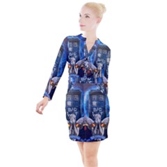 Doctor Who Adventure Bad Wolf Tardis Button Long Sleeve Dress by Cendanart