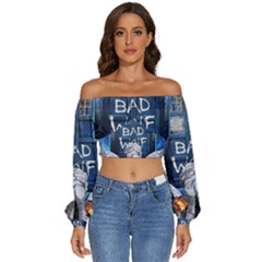 Doctor Who Adventure Bad Wolf Tardis Long Sleeve Crinkled Weave Crop Top by Cendanart