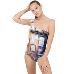 Tardis Doctor Who Frilly One Shoulder Swimsuit by Cendanart