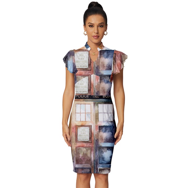 Tardis Doctor Who Vintage Frill Sleeve V-Neck Bodycon Dress