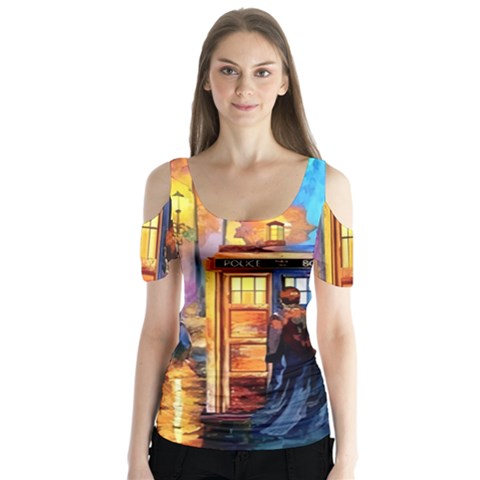 Tardis Doctor Who Paint Painting Butterfly Sleeve Cutout T-shirt  by Cendanart