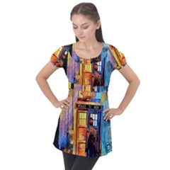 Tardis Doctor Who Paint Painting Puff Sleeve Tunic Top by Cendanart