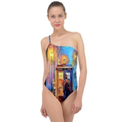 Tardis Doctor Who Paint Painting Classic One Shoulder Swimsuit by Cendanart