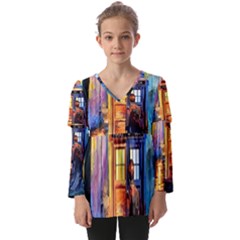 Tardis Doctor Who Paint Painting Kids  V Neck Casual Top by Cendanart