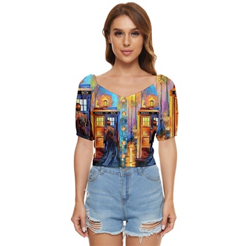 Tardis Doctor Who Paint Painting Button Up Blouse by Cendanart