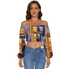 Tardis Doctor Who Paint Painting Long Sleeve Crinkled Weave Crop Top by Cendanart