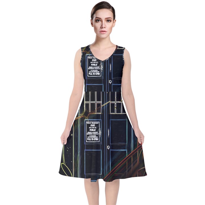 Tardis Doctor Who Magic Travel Macine Fantasy V-Neck Midi Sleeveless Dress 