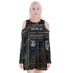 Tardis Doctor Who Magic Travel Macine Fantasy Velvet Long Sleeve Shoulder Cutout Dress by Cendanart