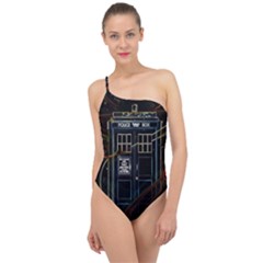 Tardis Doctor Who Magic Travel Macine Fantasy Classic One Shoulder Swimsuit by Cendanart