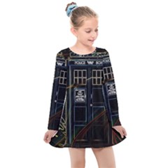 Tardis Doctor Who Magic Travel Macine Fantasy Kids  Long Sleeve Dress by Cendanart