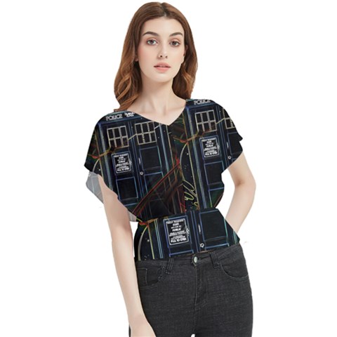 Tardis Doctor Who Magic Travel Macine Fantasy Butterfly Chiffon Blouse by Cendanart