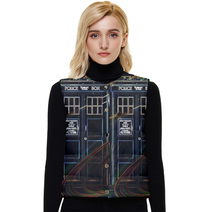 Tardis Doctor Who Magic Travel Macine Fantasy Women s Button Up Puffer Vest