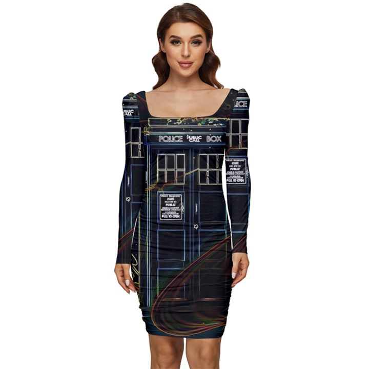 Tardis Doctor Who Magic Travel Macine Fantasy Women Long Sleeve Ruched Stretch Jersey Dress