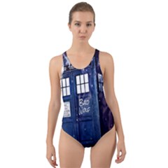 Bad Wolf Tardis Doctor Who Cut-out Back One Piece Swimsuit by Cendanart