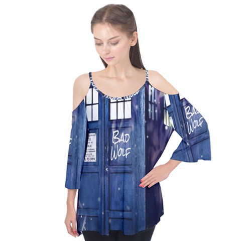 Bad Wolf Tardis Doctor Who Flutter Sleeve T-shirt  by Cendanart